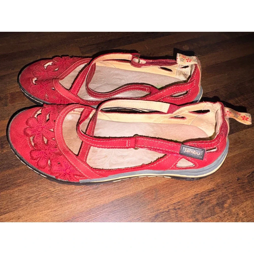 Jambu Blossom Encore Red Leather Floral Mary Jane Flats WJ169LE03 Womens 6M
